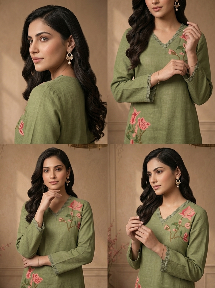 Olive Linen Tulip Magnolia Embroidered Two Piece Set
