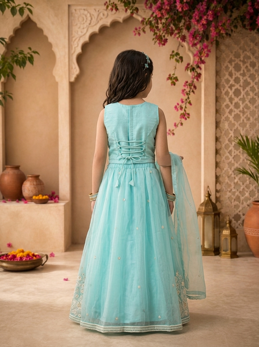 Sky Blue  Tissue Floral Stone And Thread Embroidered Ghagra Set