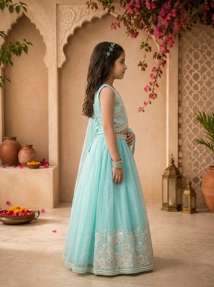 Sky Blue  Tissue Floral Stone And Thread Embroidered Ghagra Set