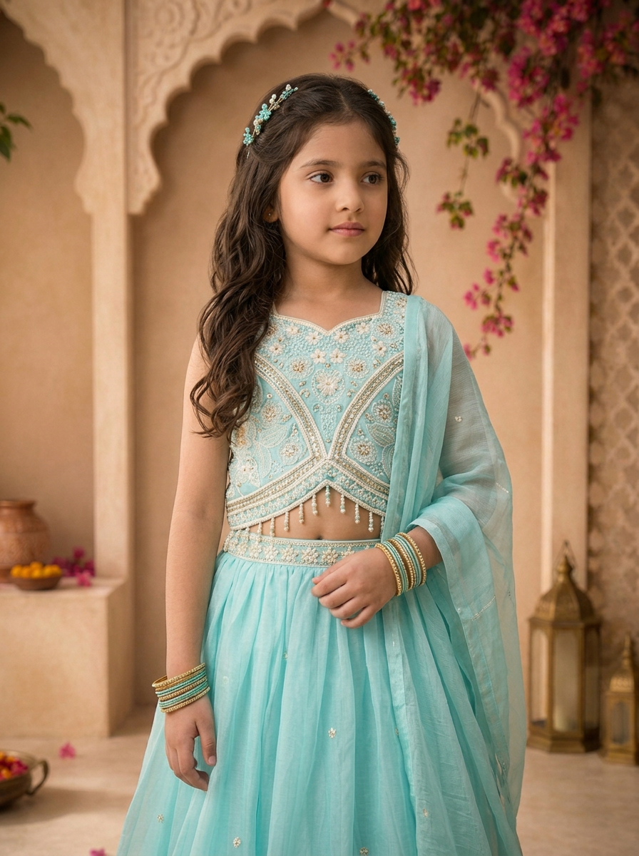Sky Blue  Tissue Floral Stone And Thread Embroidered Ghagra Set