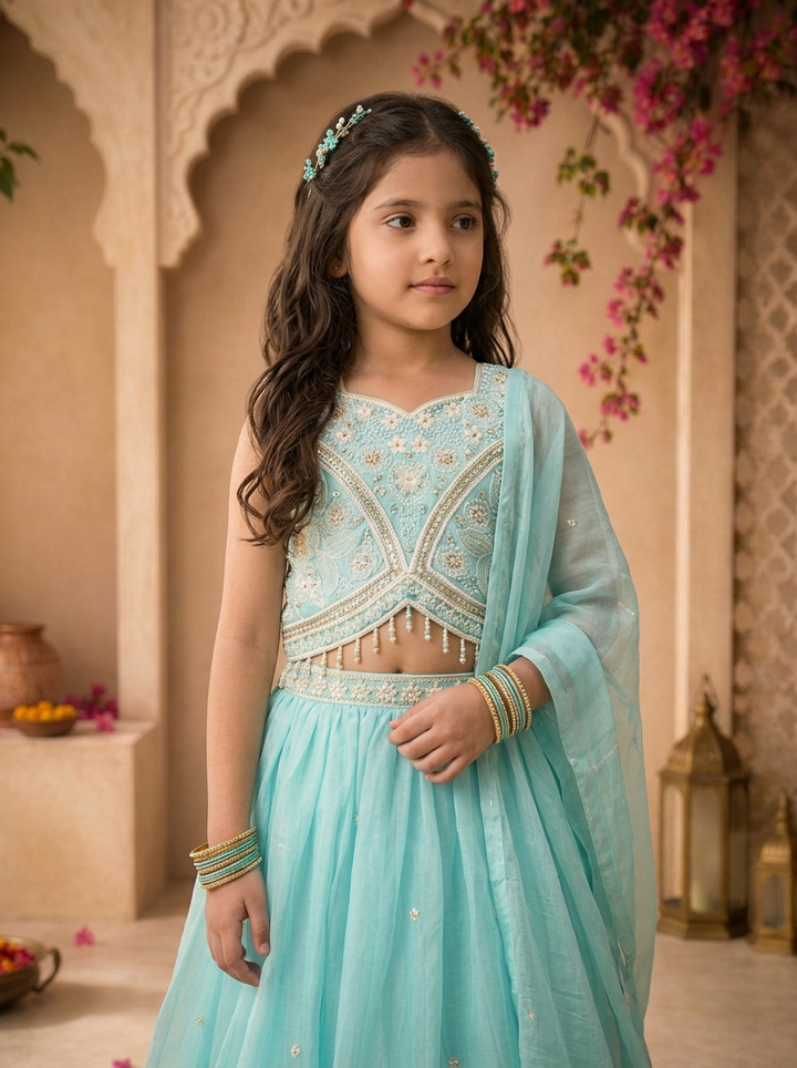 Sky Blue  Tissue Floral Stone And Thread Embroidered Ghagra Set