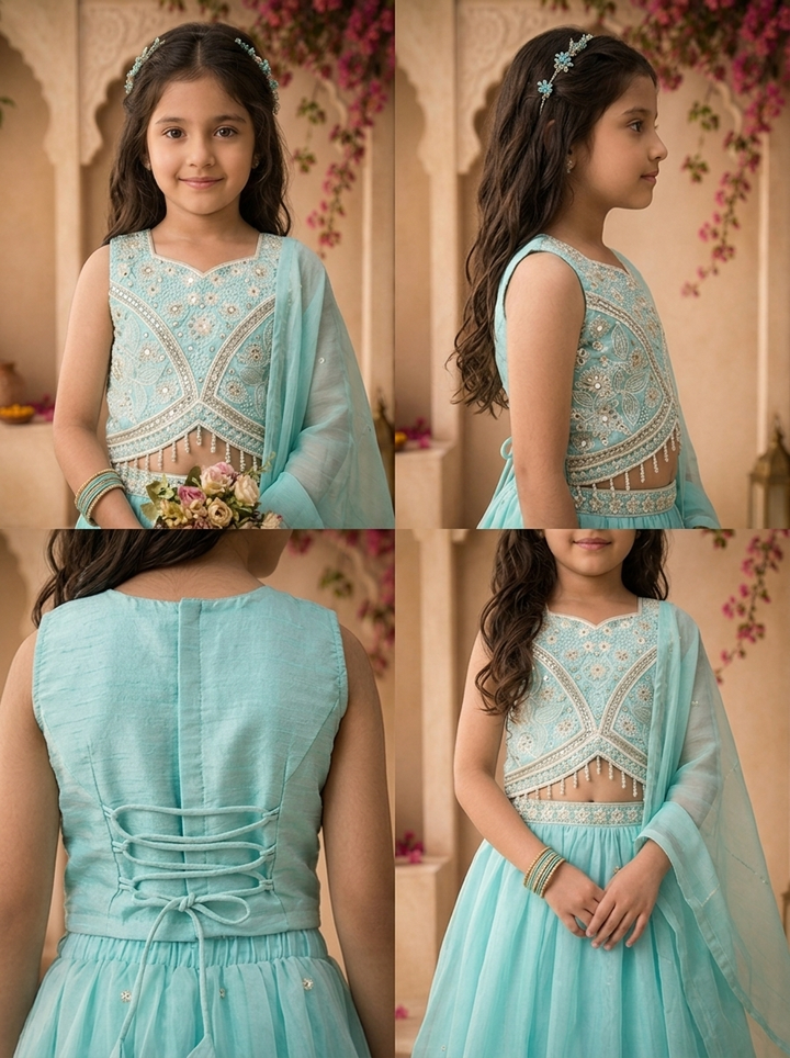 Sky Blue  Tissue Floral Stone And Thread Embroidered Ghagra Set