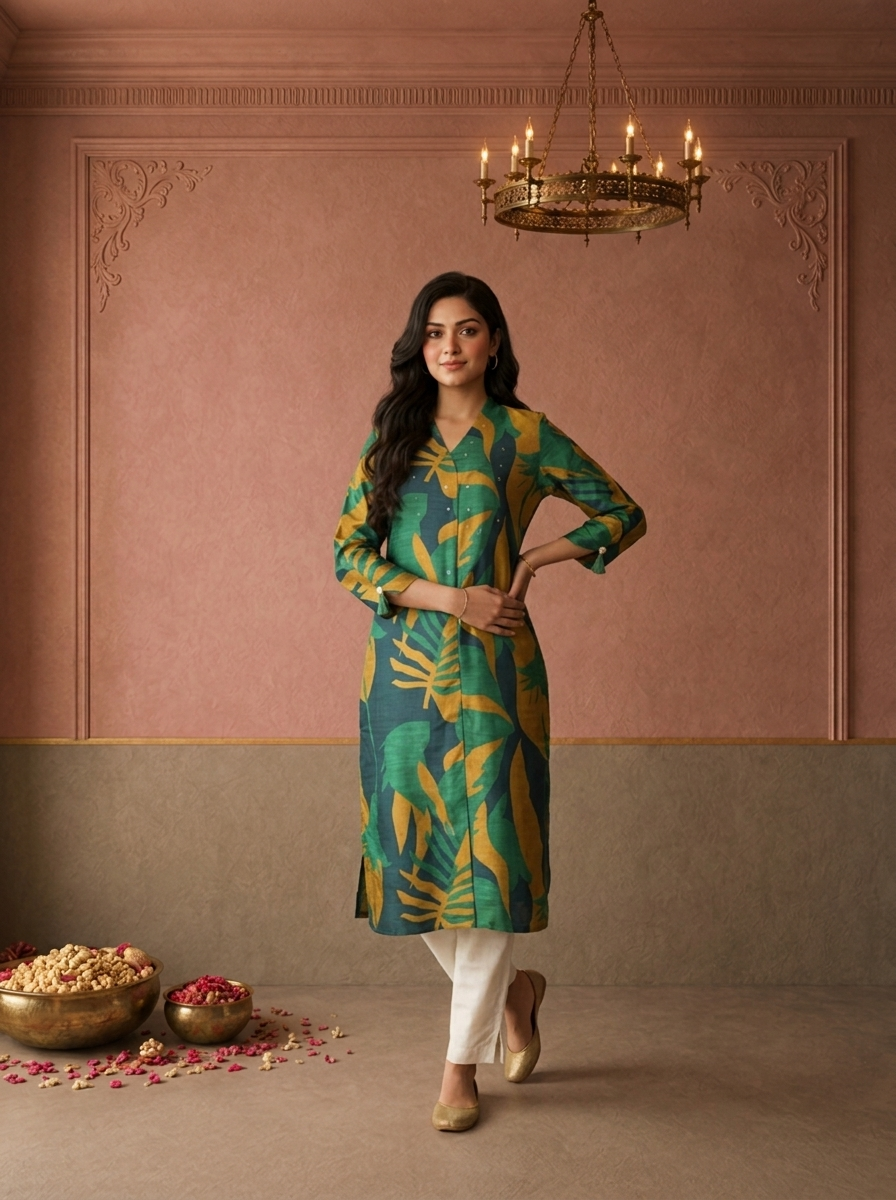 Green Muslin Tropical Leaf Printed Kurta