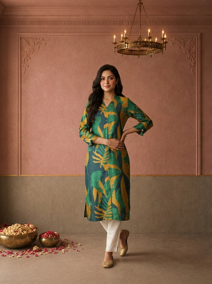 Green Muslin Tropical Leaf Printed Kurta