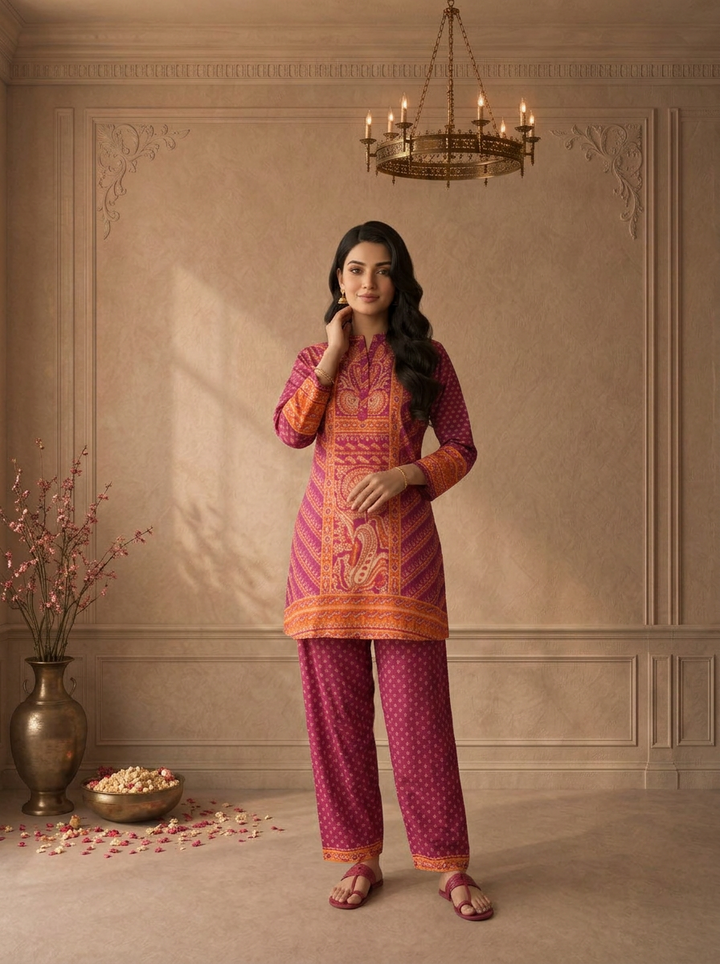 Magenta Muslin Ethnic Paisley Printed Two Piece Set