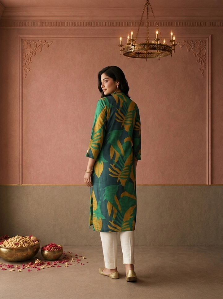 Green Muslin Tropical Leaf Printed Kurta
