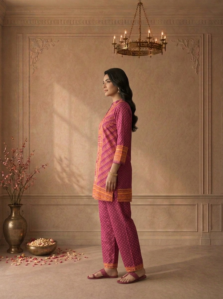 Magenta Muslin Ethnic Paisley Printed Two Piece Set