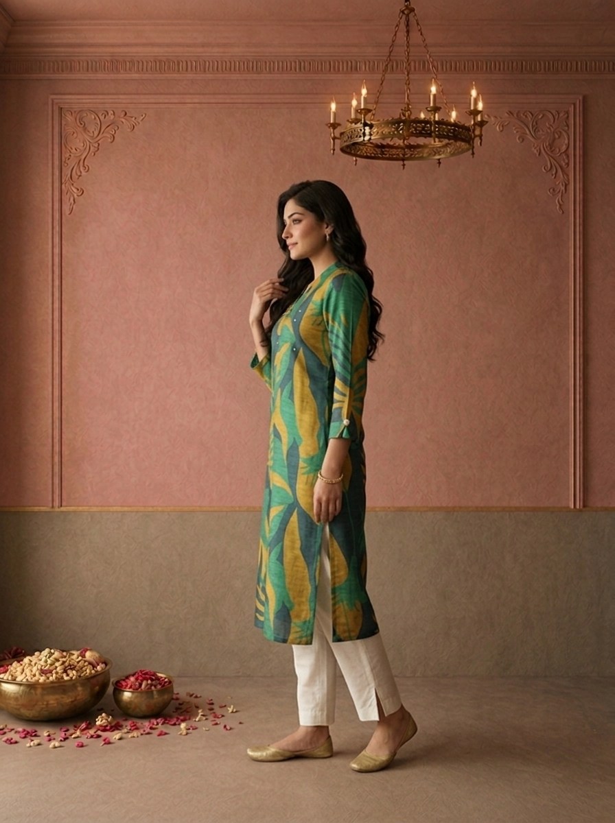 Green Muslin Tropical Leaf Printed Kurta
