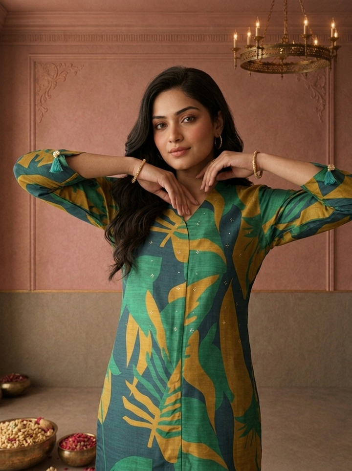 Green Muslin Tropical Leaf Printed Kurta