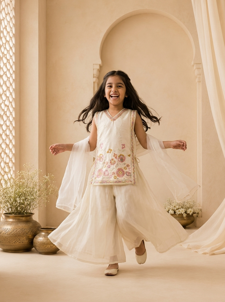 Cream Tissue Multicolor Floral And Sequins Embroidered Palazzo Set