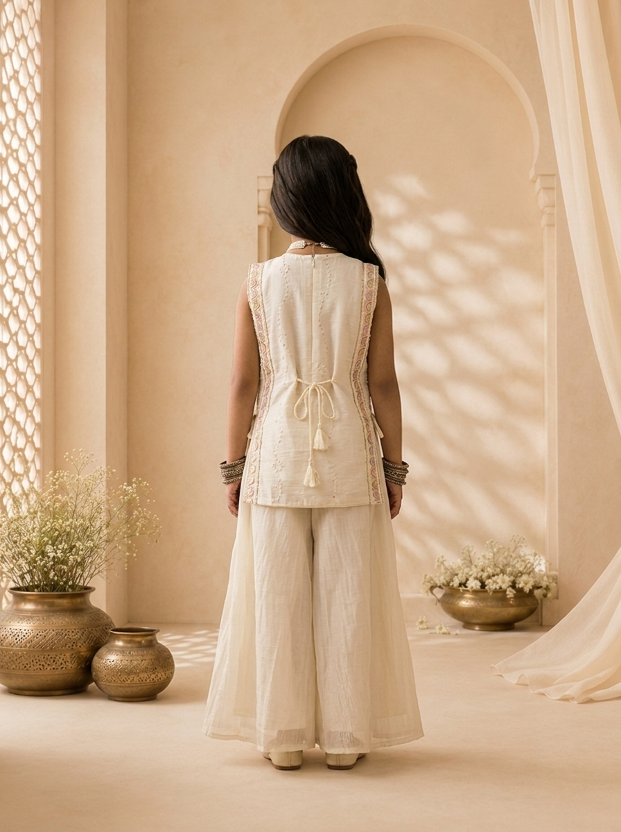 Cream Tissue Multicolor Floral And Sequins Embroidered Palazzo Set