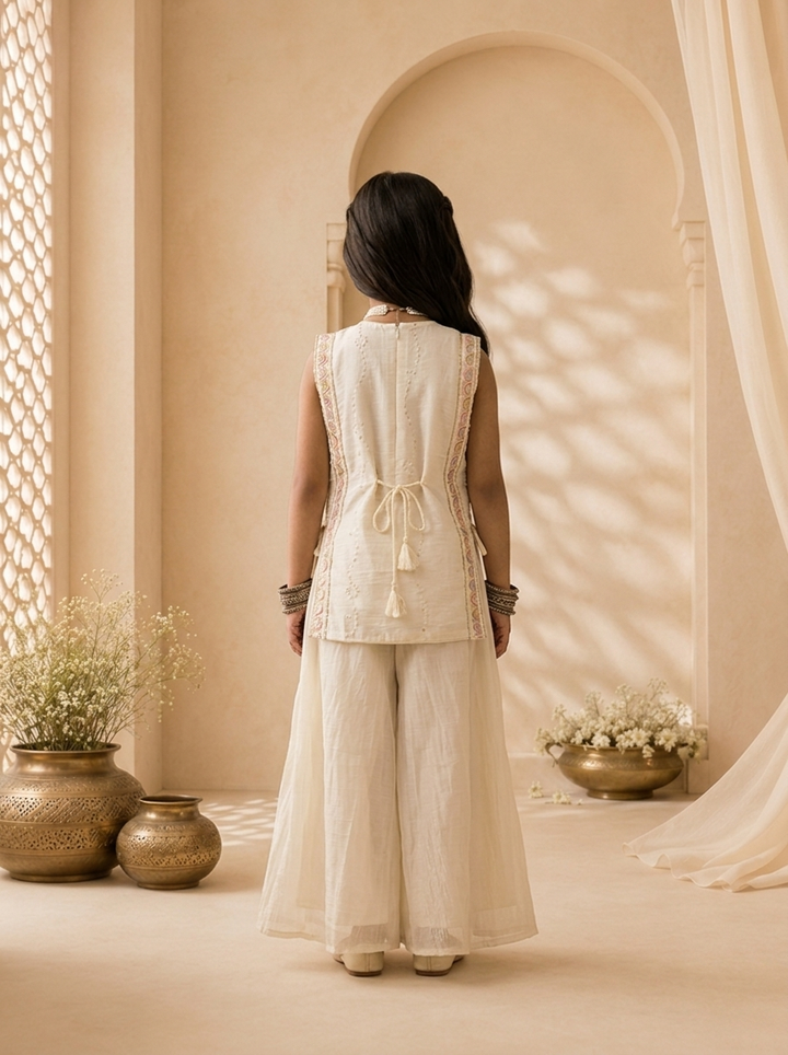 Cream Tissue Multicolor Floral And Sequins Embroidered Palazzo Set