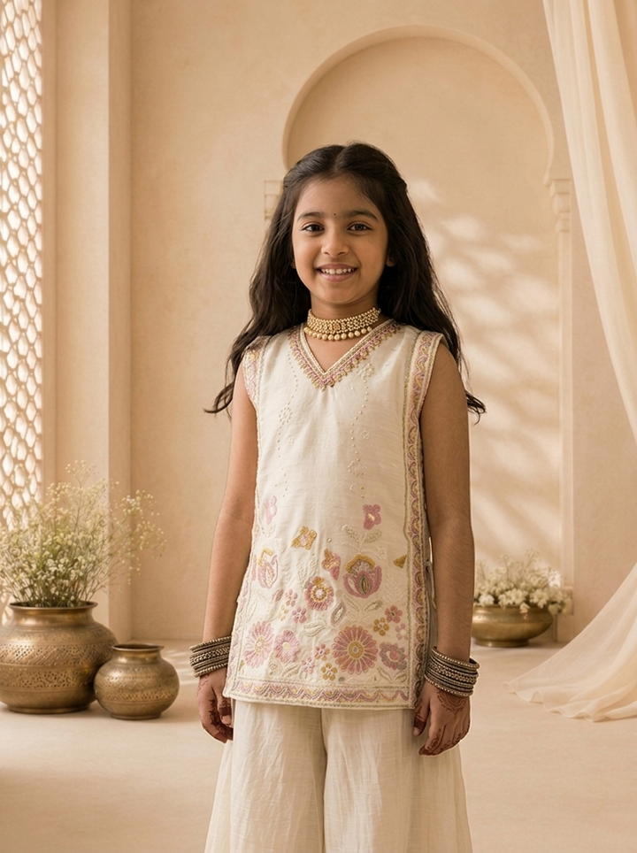 Cream Tissue Multicolor Floral And Sequins Embroidered Palazzo Set