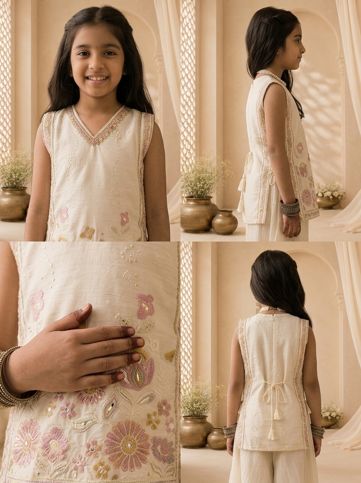 Cream Tissue Multicolor Floral And Sequins Embroidered Palazzo Set