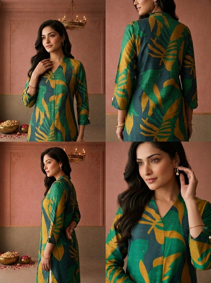 Green Muslin Tropical Leaf Printed Kurta