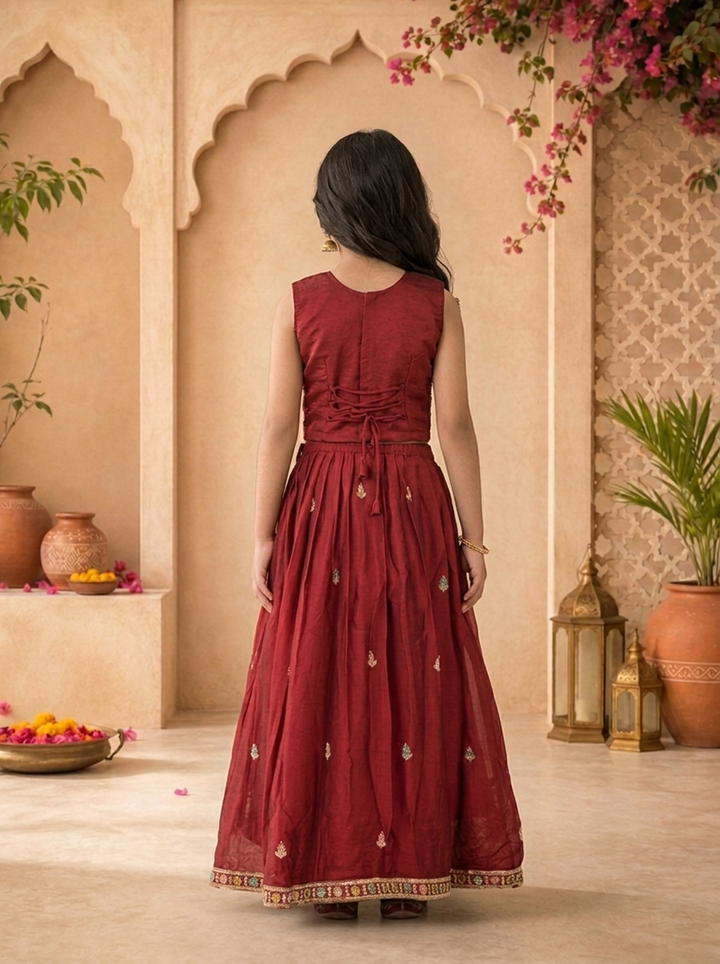 Maroon Georgette Multicolor Floral Stone Embroidered Ghagra Set