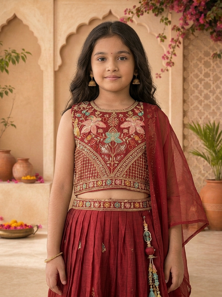 Maroon Georgette Multicolor Floral Stone Embroidered Ghagra Set