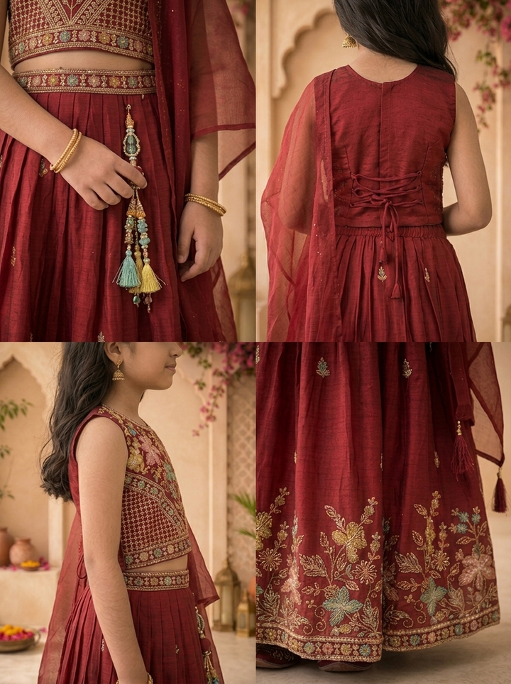 Maroon Georgette Multicolor Floral Stone Embroidered Ghagra Set