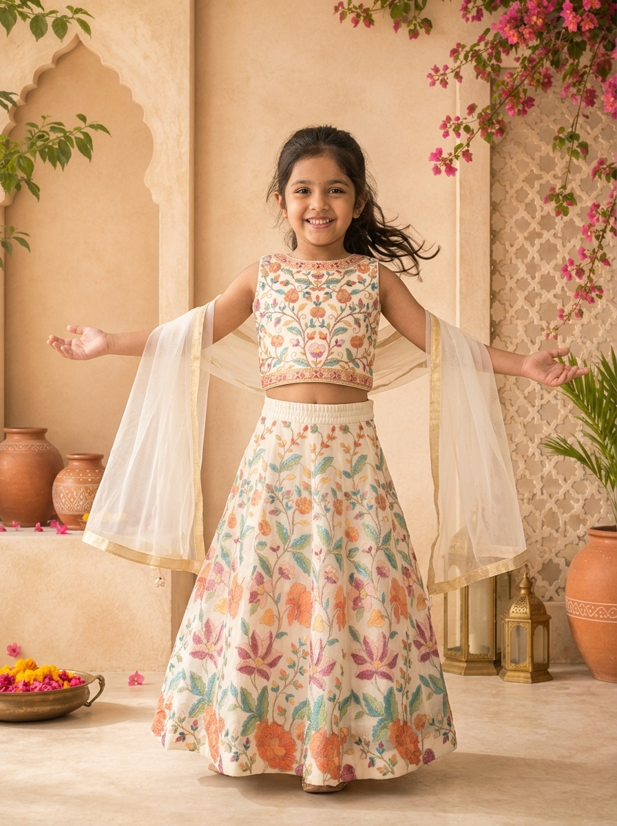 Cream Georgette Multicolor Floral Thread Embroidered Ghagra Set