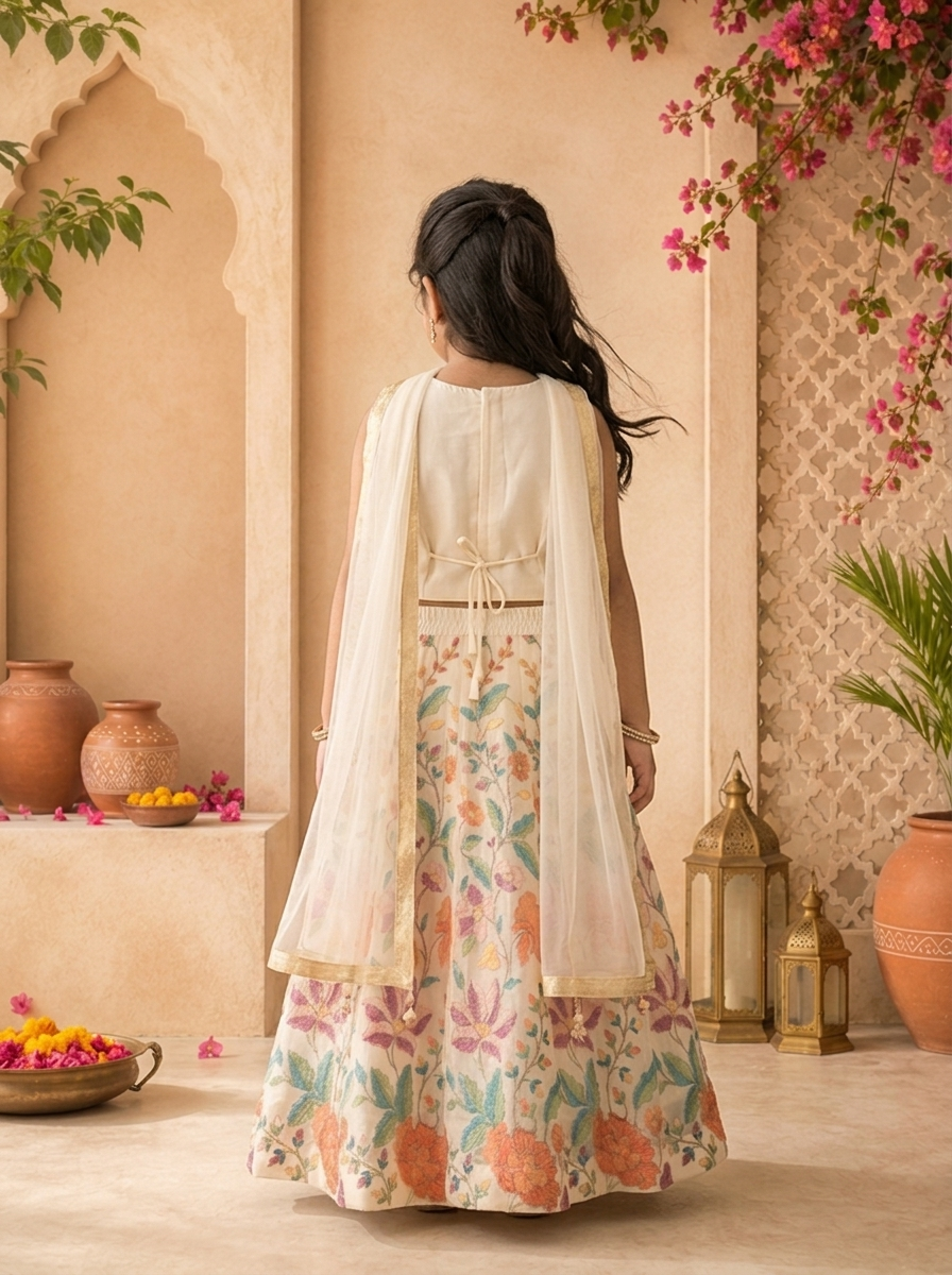 Cream Georgette Multicolor Floral Thread Embroidered Ghagra Set