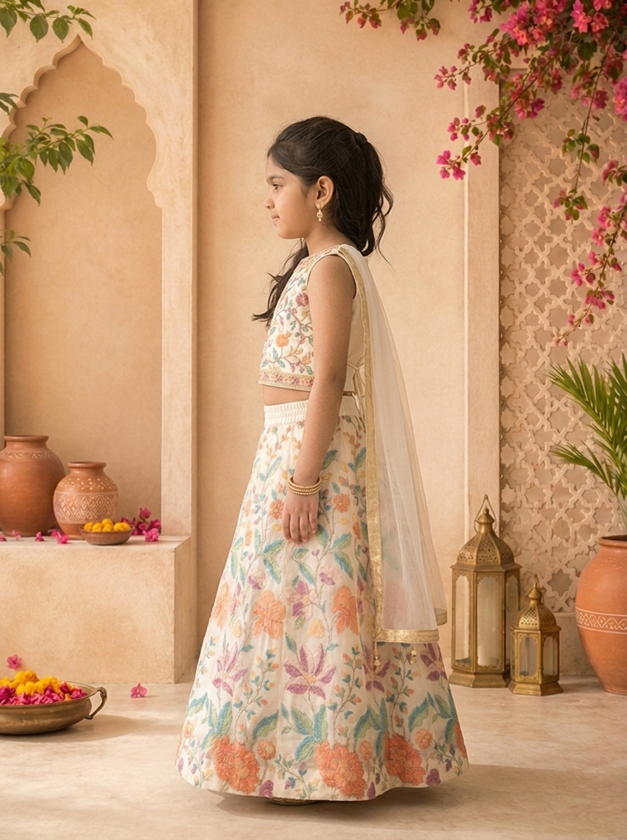 Cream Georgette Multicolor Floral Thread Embroidered Ghagra Set