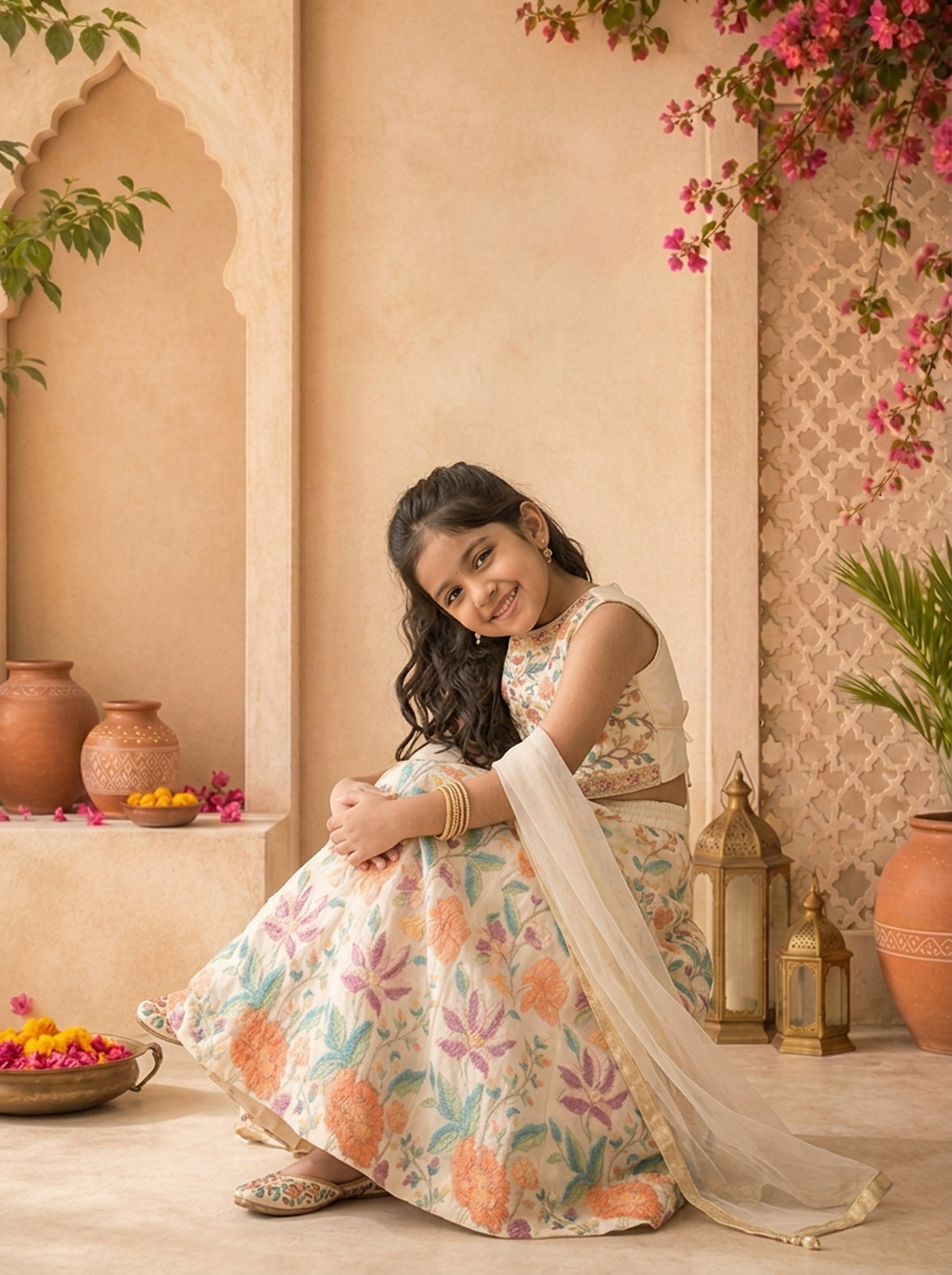 Cream Georgette Multicolor Floral Thread Embroidered Ghagra Set