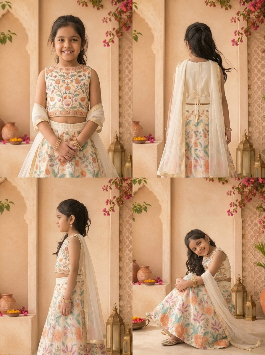 Cream Georgette Multicolor Floral Thread Embroidered Ghagra Set