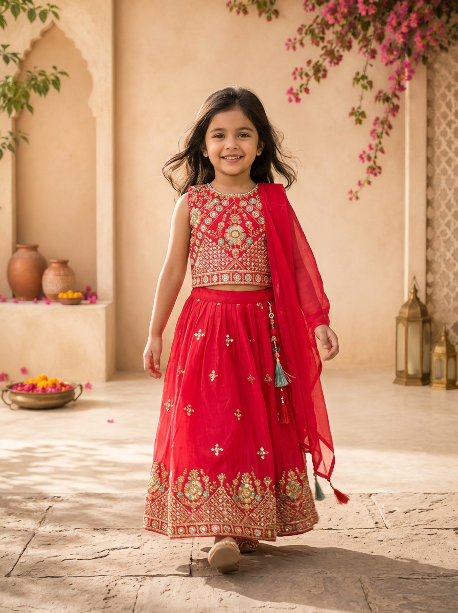 Rani Georgette Multicolor Floral And Diamond Jaal Embroidered Ghagra Set