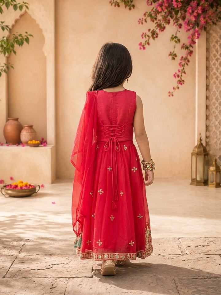Rani Georgette Multicolor Floral And Diamond Jaal Embroidered Ghagra Set