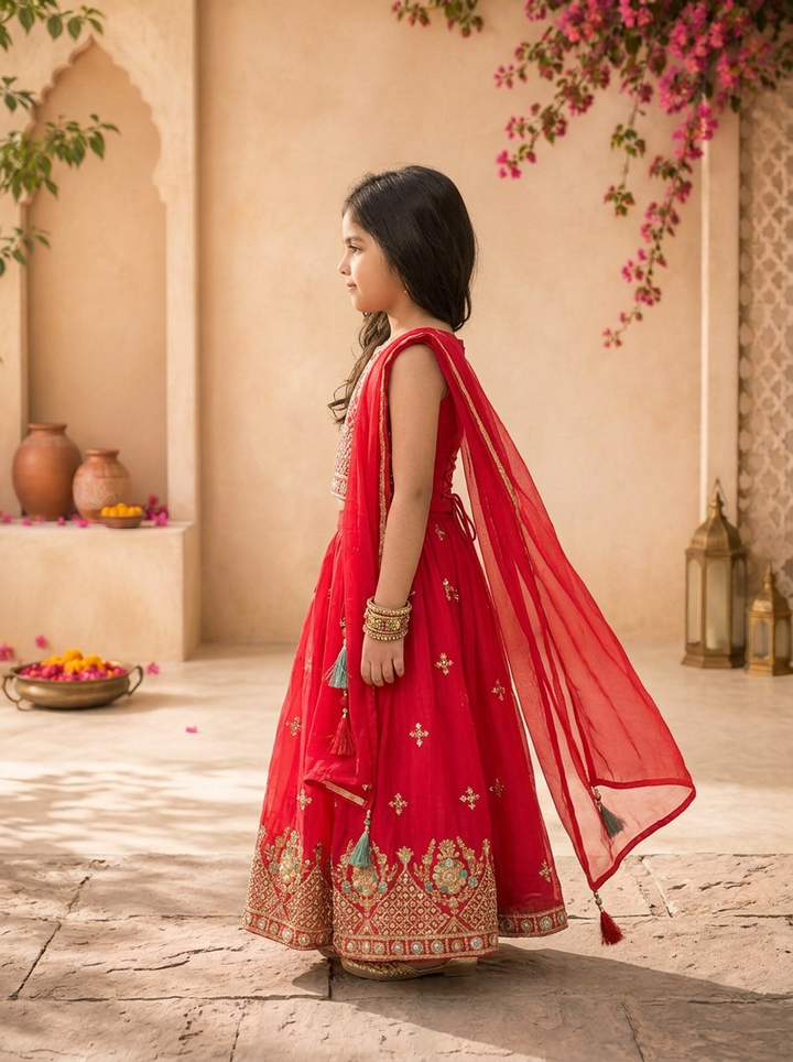 Rani Georgette Multicolor Floral And Diamond Jaal Embroidered Ghagra Set