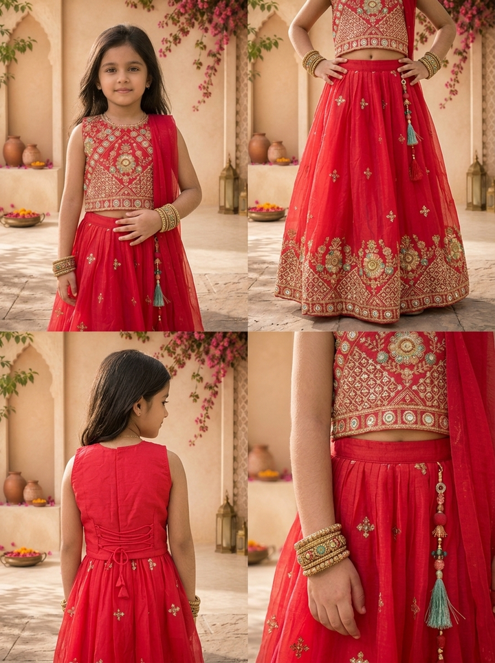 Rani Georgette Multicolor Floral And Diamond Jaal Embroidered Ghagra Set