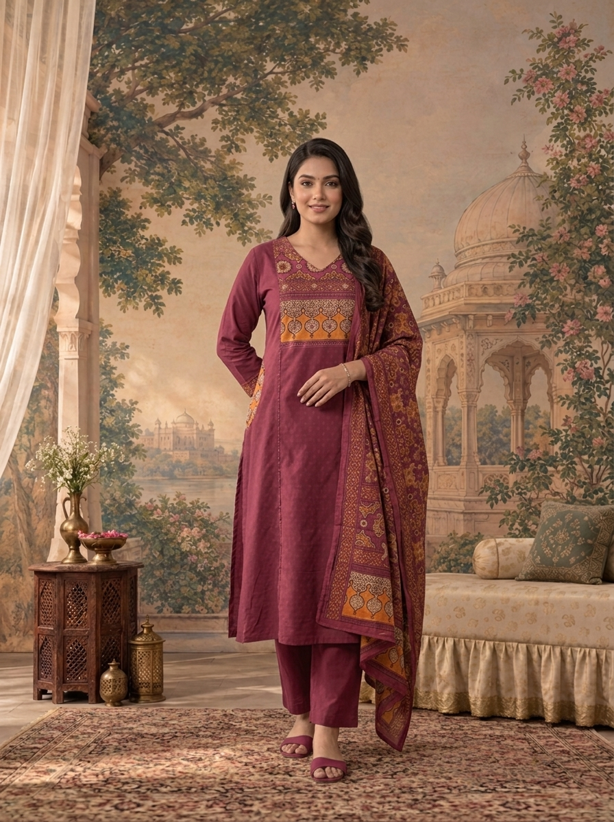 Wine Cotton Solid With Ajrakh Printed Three Piece Set