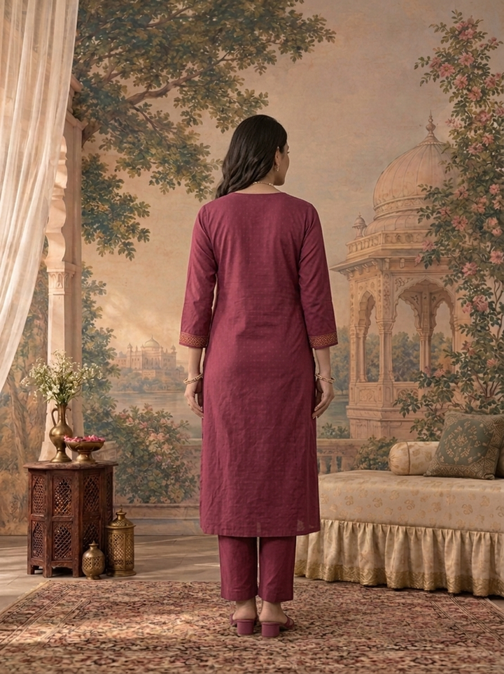 Wine Cotton Solid With Ajrakh Printed Three Piece Set