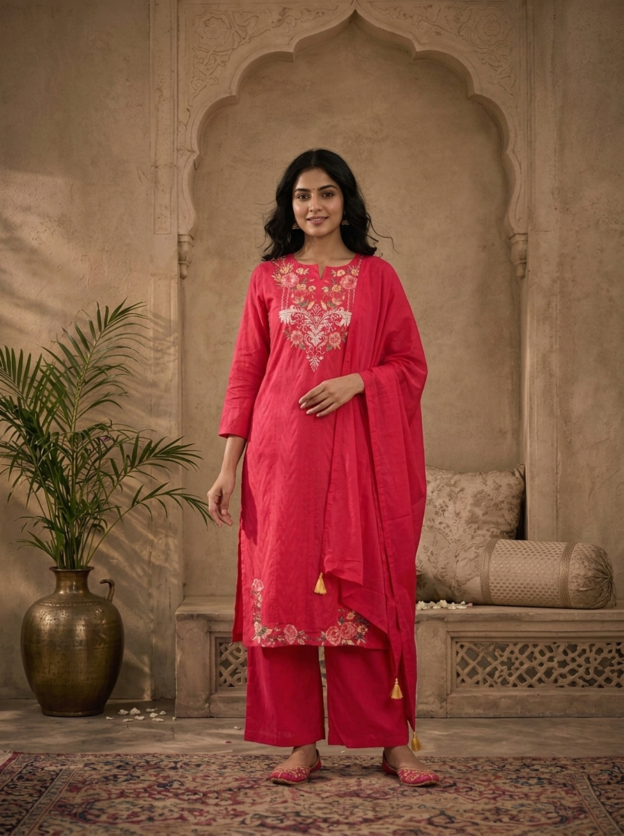 Rani Pink Cotton Solid With Multicolor Floral Thread Embroidered Three Piece Set