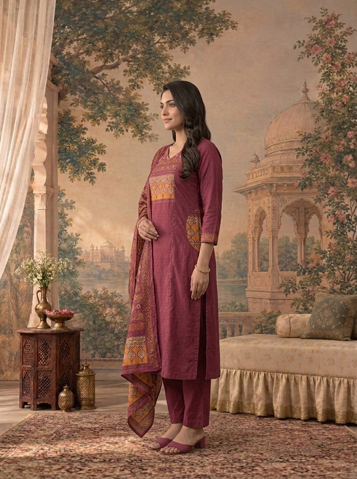 Wine Cotton Solid With Ajrakh Printed Three Piece Set