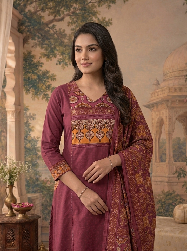 Wine Cotton Solid With Ajrakh Printed Three Piece Set