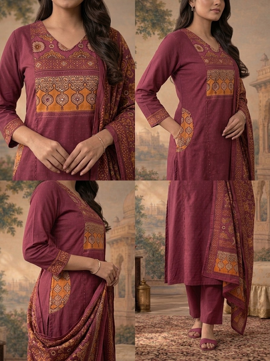 Wine Cotton Solid With Ajrakh Printed Three Piece Set