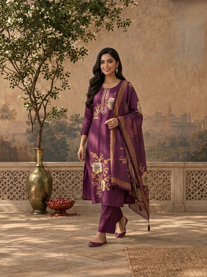 Purple Modal Floral Thread Embroidered Three Piece Set