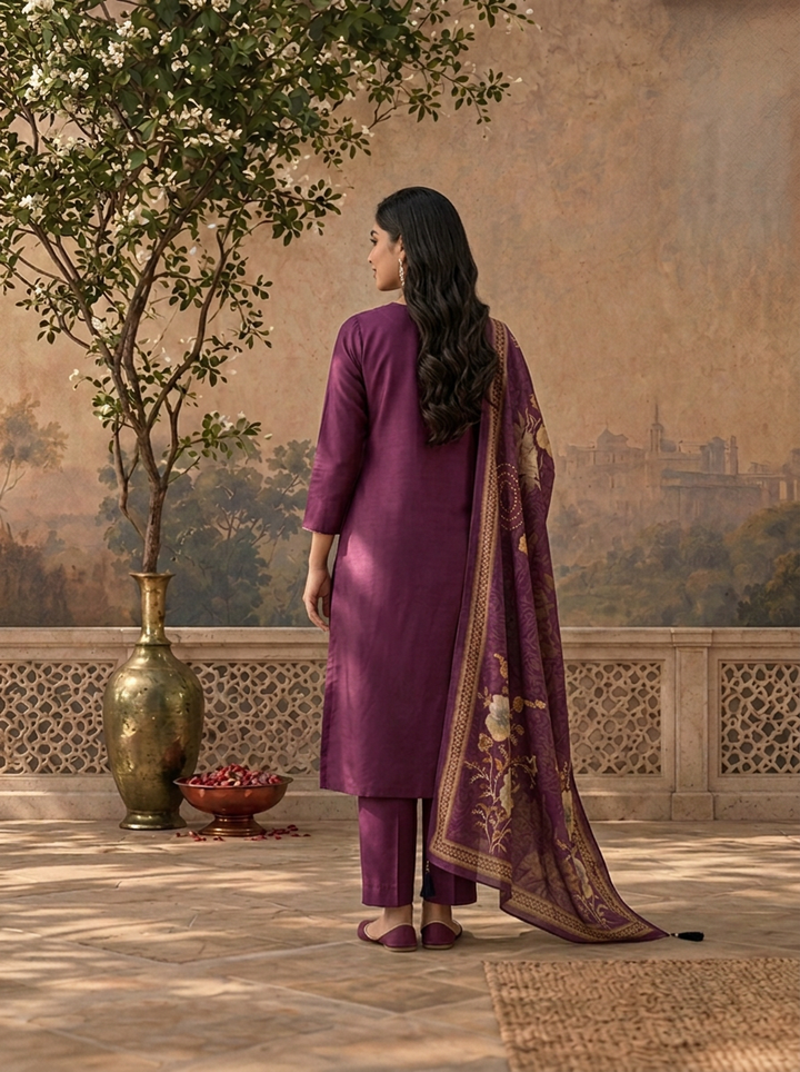 Purple Modal Floral Thread Embroidered Three Piece Set