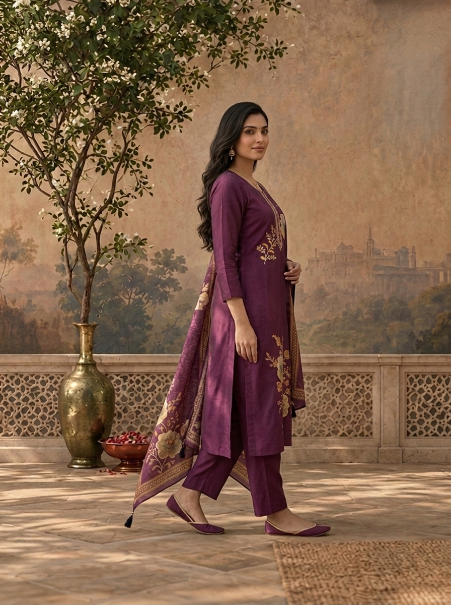 Purple Modal Floral Thread Embroidered Three Piece Set