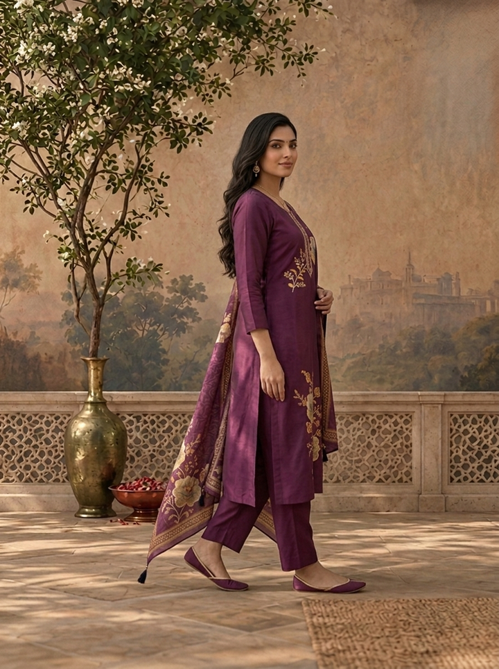 Purple Modal Floral Thread Embroidered Three Piece Set