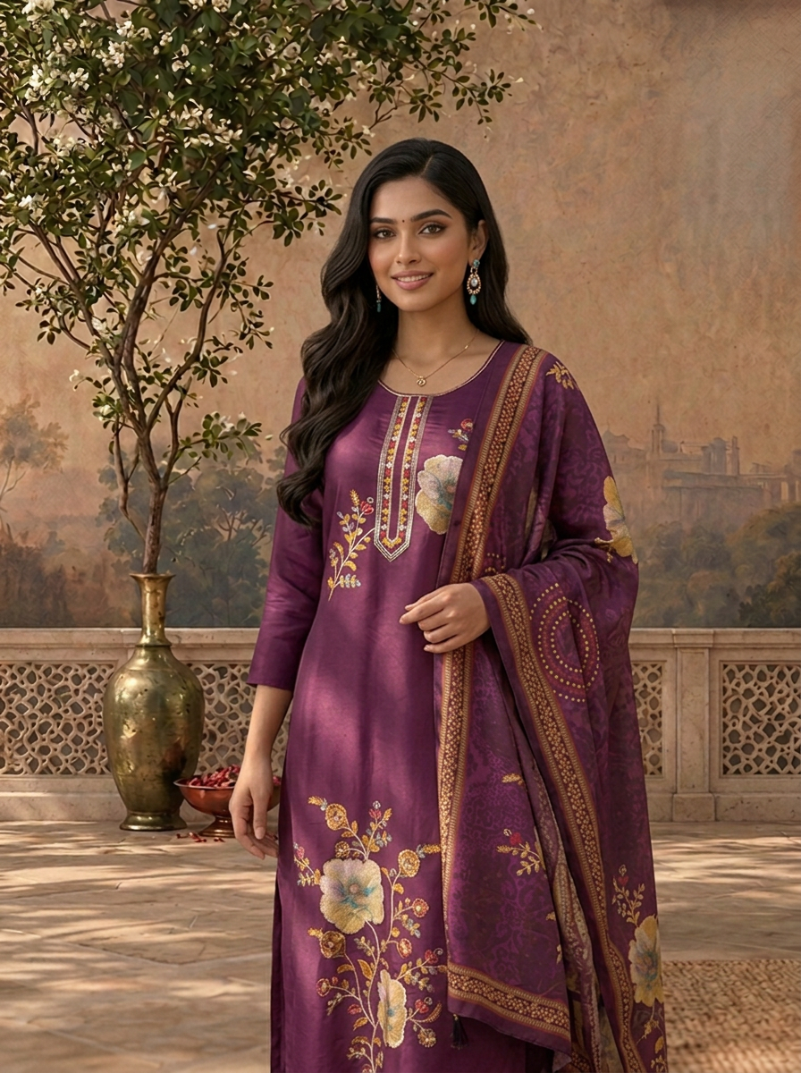 Purple Modal Floral Thread Embroidered Three Piece Set