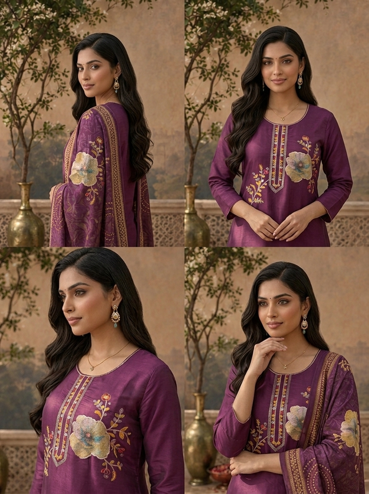 Purple Modal Floral Thread Embroidered Three Piece Set