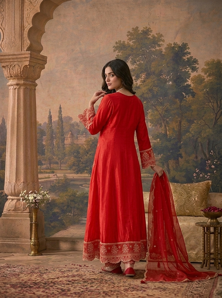 Red Silk Buti Thread Embroidered Three Piece Set