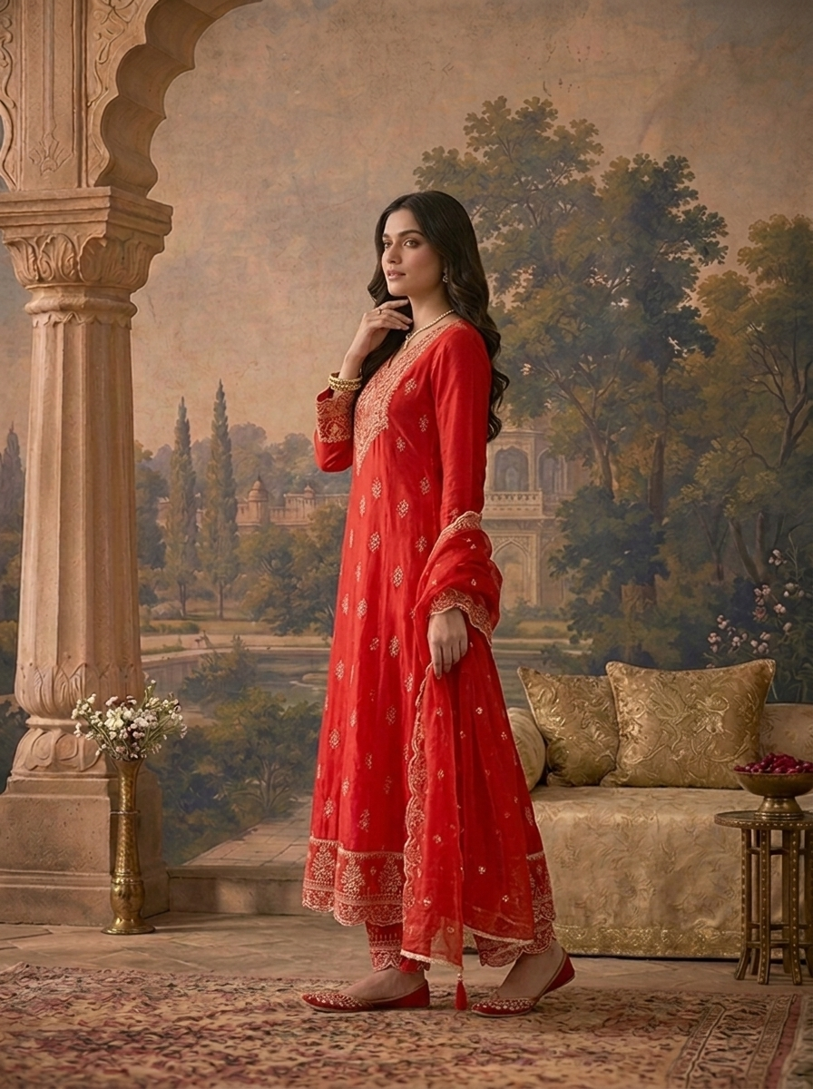 Red Silk Buti Thread Embroidered Three Piece Set