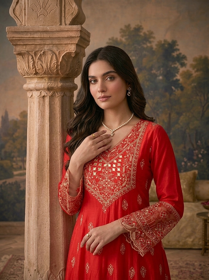 Red Silk Buti Thread Embroidered Three Piece Set