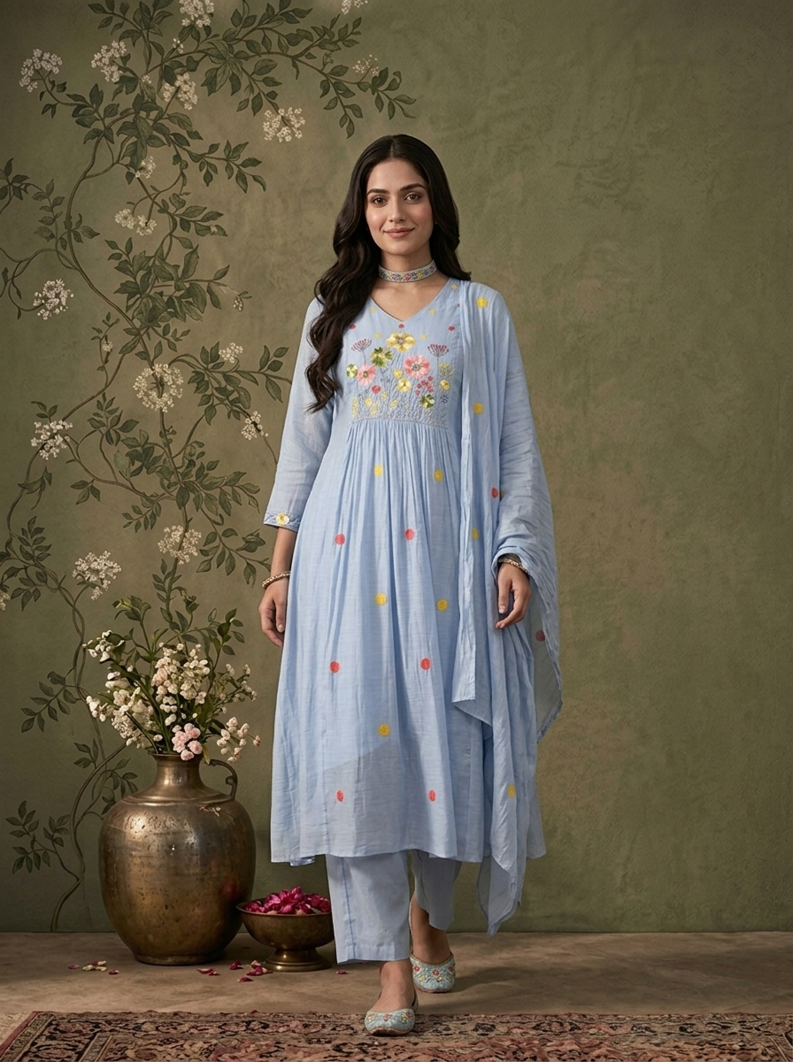 Sky Blue Muslin Polka Dot With Floral Thread Embroidered Three Piece Set