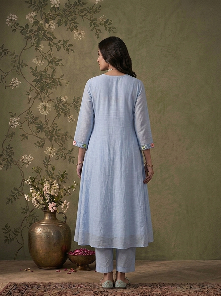 Sky Blue Muslin Polka Dot With Floral Thread Embroidered Three Piece Set