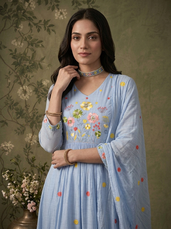 Sky Blue Muslin Polka Dot With Floral Thread Embroidered Three Piece Set