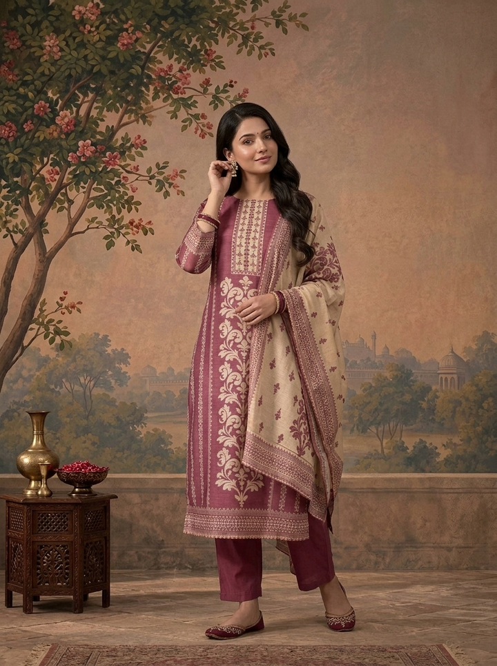 Grape Chanderi Mughal Damask Baroque Printed Three Piece Set